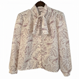 Vintage Sears Women’s L White Maroon Red Paisley Print Tie Neck Blouse